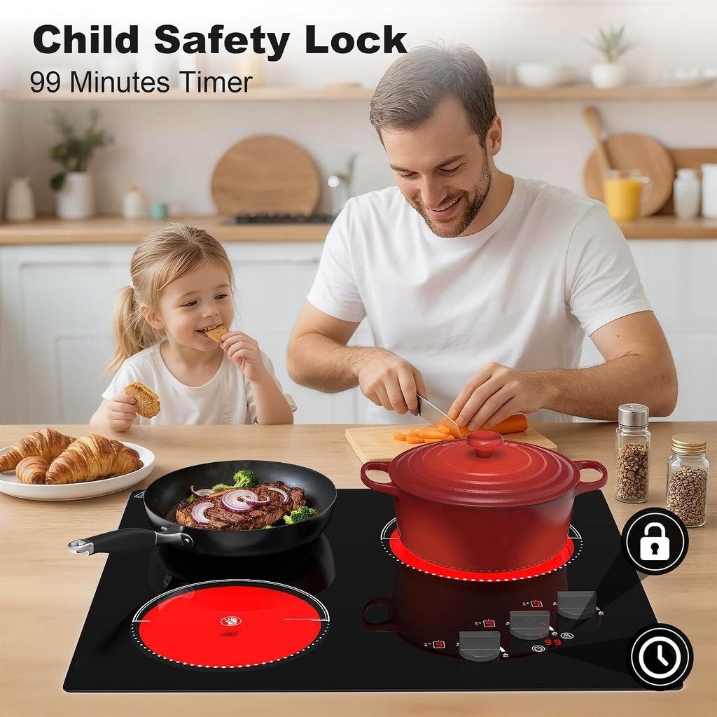 VBGK Electric Cooktop,24 inch 220V Stove Top,Touch and Knob Control,LED,9 Power Levels, Kids Lock &Timer,Overheat Protection,5000W 3 burner electric cooktop.