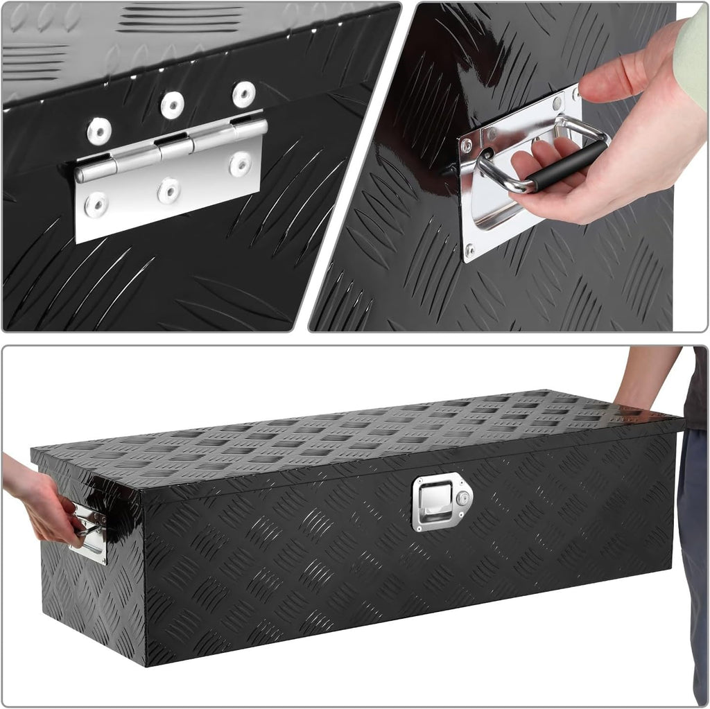 DNA MOTORING Aluminum Lockable Storage Box, Trailer Tongue & Truck Bed Tool Box w/Keys & Side Handle, Black Organizer w/Diamond Tread Pattern, 39'L x 13.3'W x 10'H, TBOX-T5-004-BK