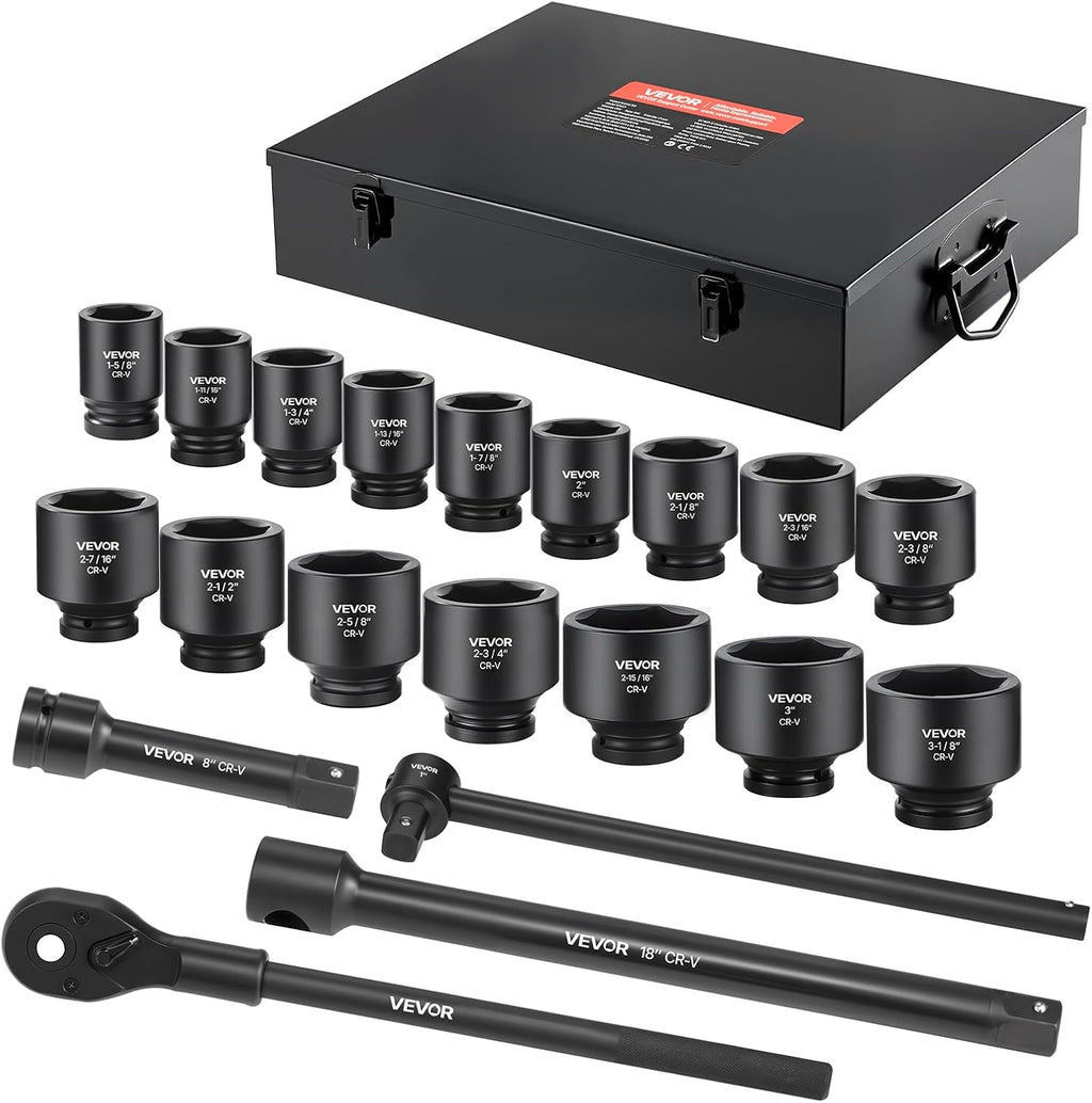 VEVOR 1 in Drive Impact Socket Set, 21 Piece, 6 Point Shallow Impact Sockets, SAE (1-5/8 in to 3-1/8 in), with 8 in & 18 in Extension Bars, 24 in Ratchet, Cr-V Steel, Size Marking, and Carrying Case