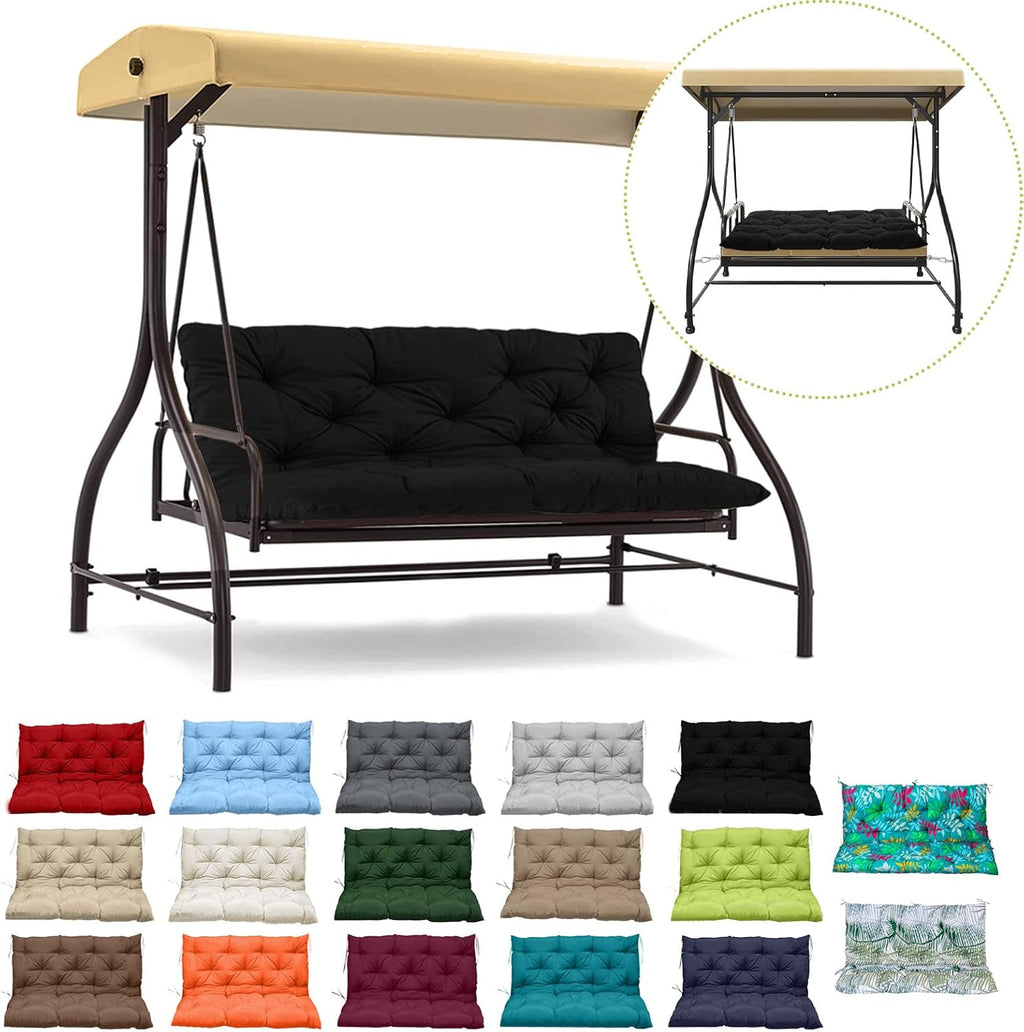 Waterproof Porch Swing Cushion Replacement, 2–3 Seat Swing Seat Cushion with Backrest & Ties, Thick Outdoor Bench Cushion for Patio Garden Porch (Black 40 x 60 in)