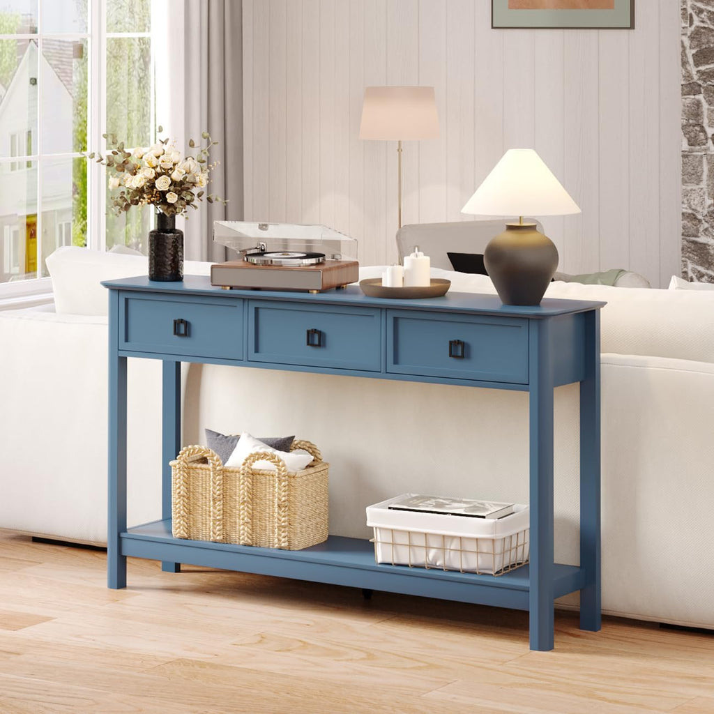 Treocho 53.1' Console Table with 3 Drawers, Modern Entryway Table, 2-Tier Narrow Long Sofa Table Behind Couch Table for Living Room, Hallway, Blue