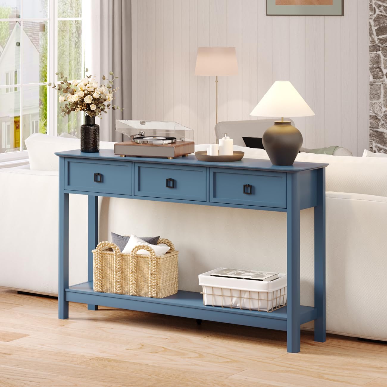 Treocho 53.1' Console Table with 3 Drawers, Modern Entryway Table, 2-Tier Narrow Long Sofa Table Behind Couch Table for Living Room, Hallway, Blue