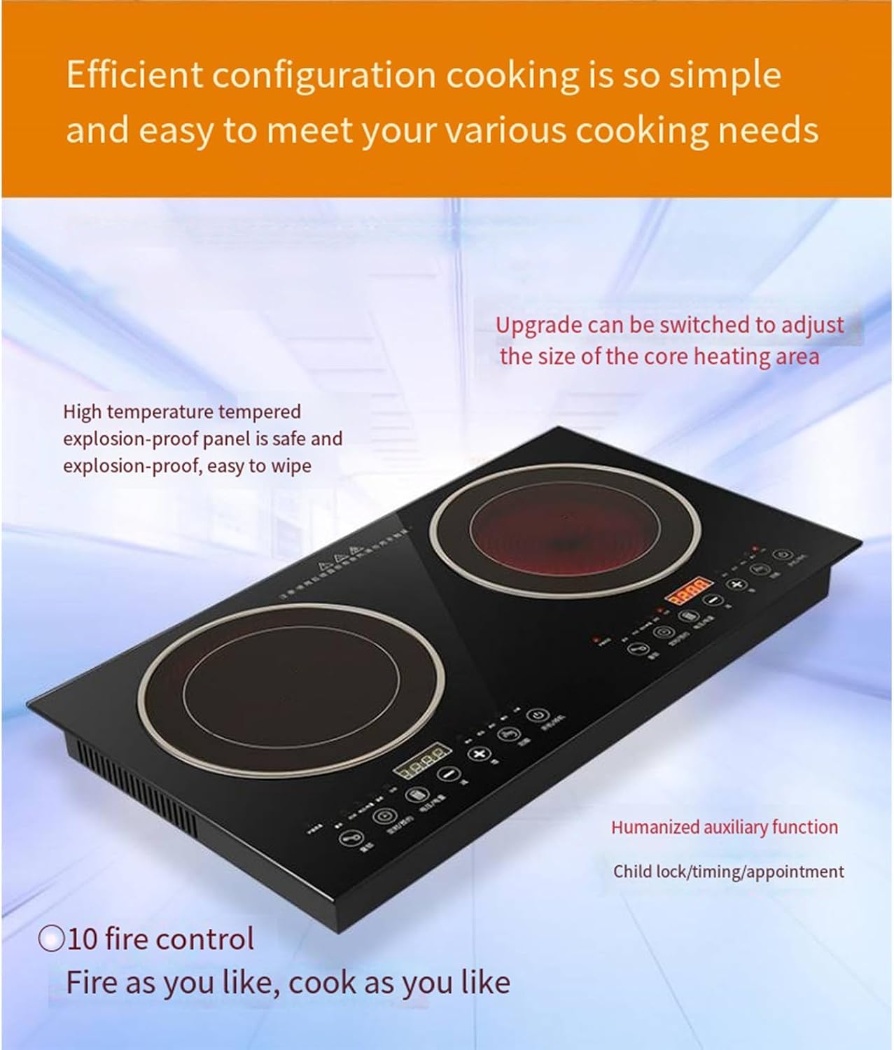 2200W Dual-Head Household Smart Induction Cooktop Independent Booking Timer 10-Speed Safety Lock Portable Induction Cooktop