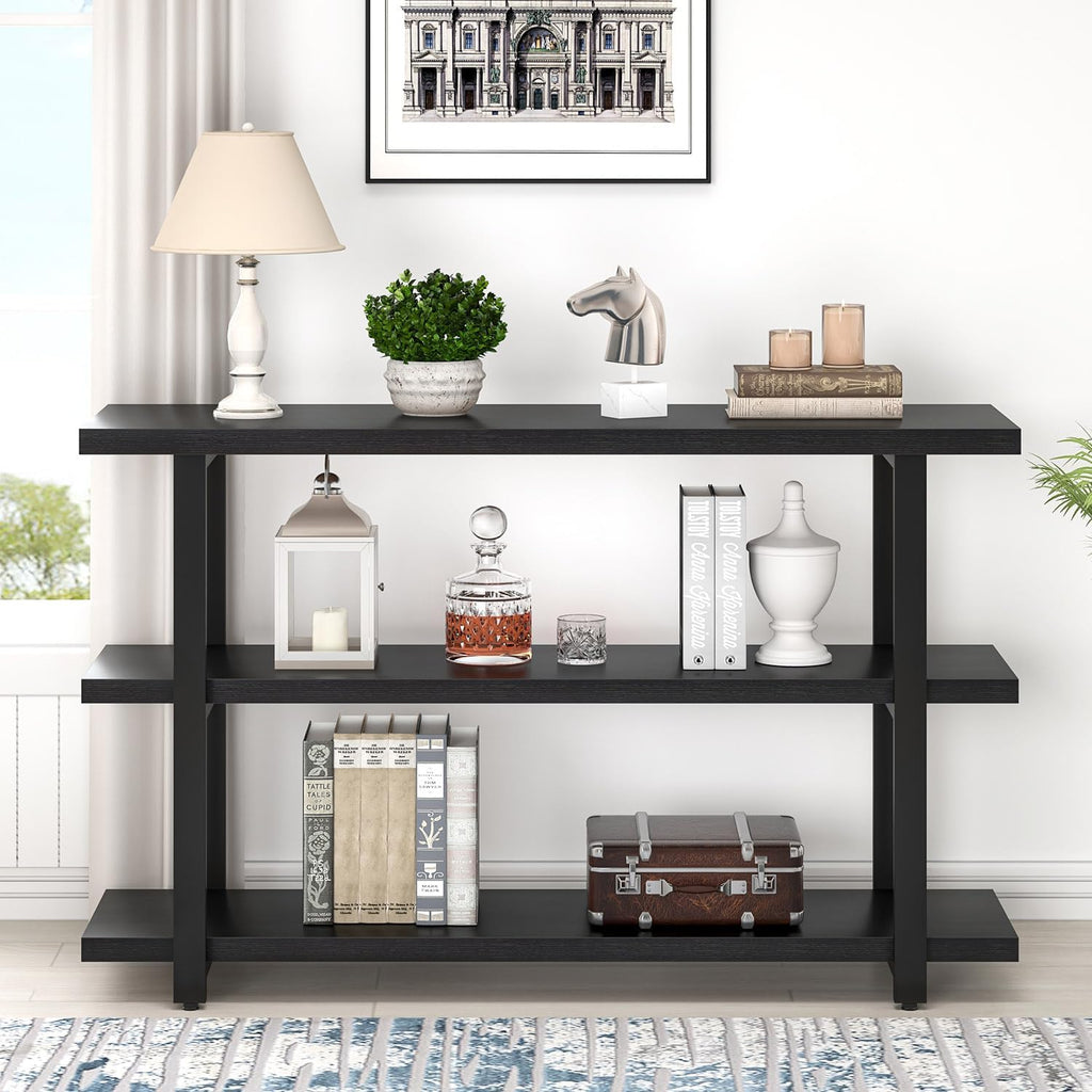 FOLUBAN Black Entryway Table, Modern Console Tables with 3 Tier Storage Shelves for Living Room, Wood and Metal Sofa Table for Hallway, Entrance, or Behind Couch, 47 Inch