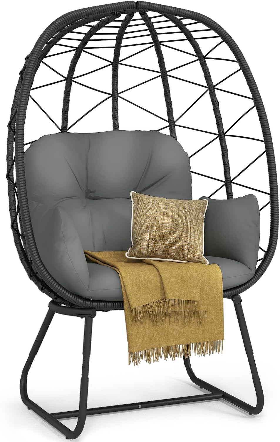 DWVO Egg Basket Chair Patio Chair with Stand Anti-Slip All-Weather Poratble Wicker Egg Lounger Chair for Indoor Outdoor 330LBS (Gray)