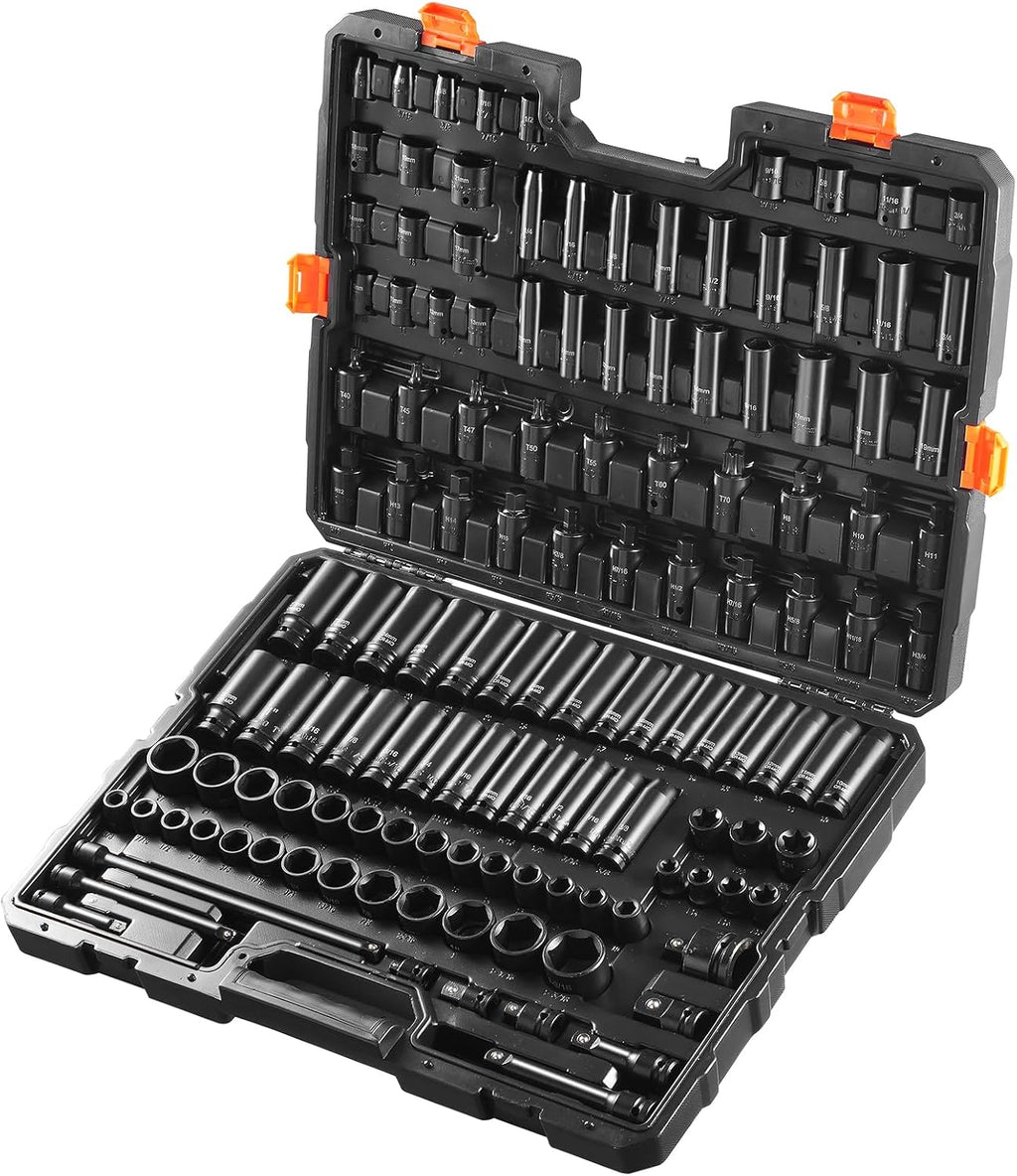 VEVOR Impact Socket Set 130 Piece 3/8' & 1/2' - SAE & Metric Drive Socket Set - 6 Point Cr-Mo Alloy Steel for Auto Repair - Easy-to-Read Size Markings - Includes Storage Case