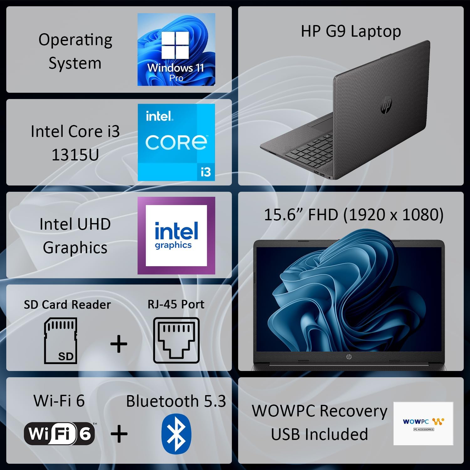 HP G9 Laptop, Intel Core i3-1315U Processor (Beats i7-1165G7), 15.6' FHD 1080p LED Display, SD Card Reader, RJ-45 Ethernet Port, Wi-Fi 6, Windows 11 Pro, WOWPC Recovery USB (16GB RAM | 1TB SSD)