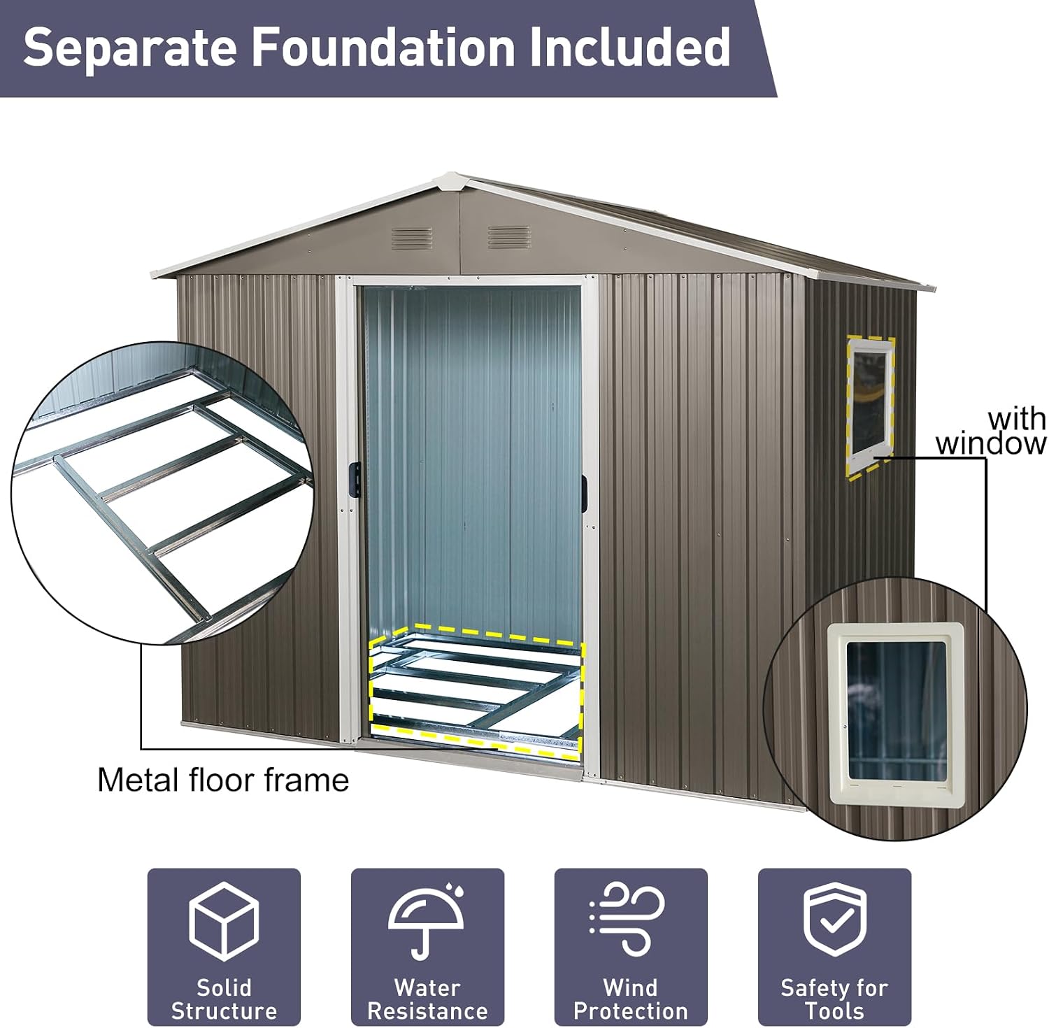 8x6 ft Outdoor Metal Storage Shed with Floor Foundation and Window, Lockable Galvanized Steel Tool Shed with Sliding Door and Air Vent, Waterproof Garden Storage House for Backyard, Patio