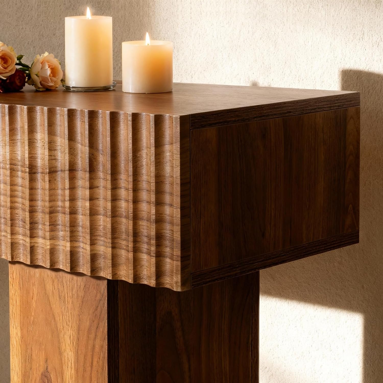 ZYBT 56' Fluted Console Table, Boho Vanity Desk Wooden Narrow Sofa Table Behind The Couch, Farmhouse Entryway Table for Entrance, Hallway,Living Room,Bedroom, Home Office,Brown