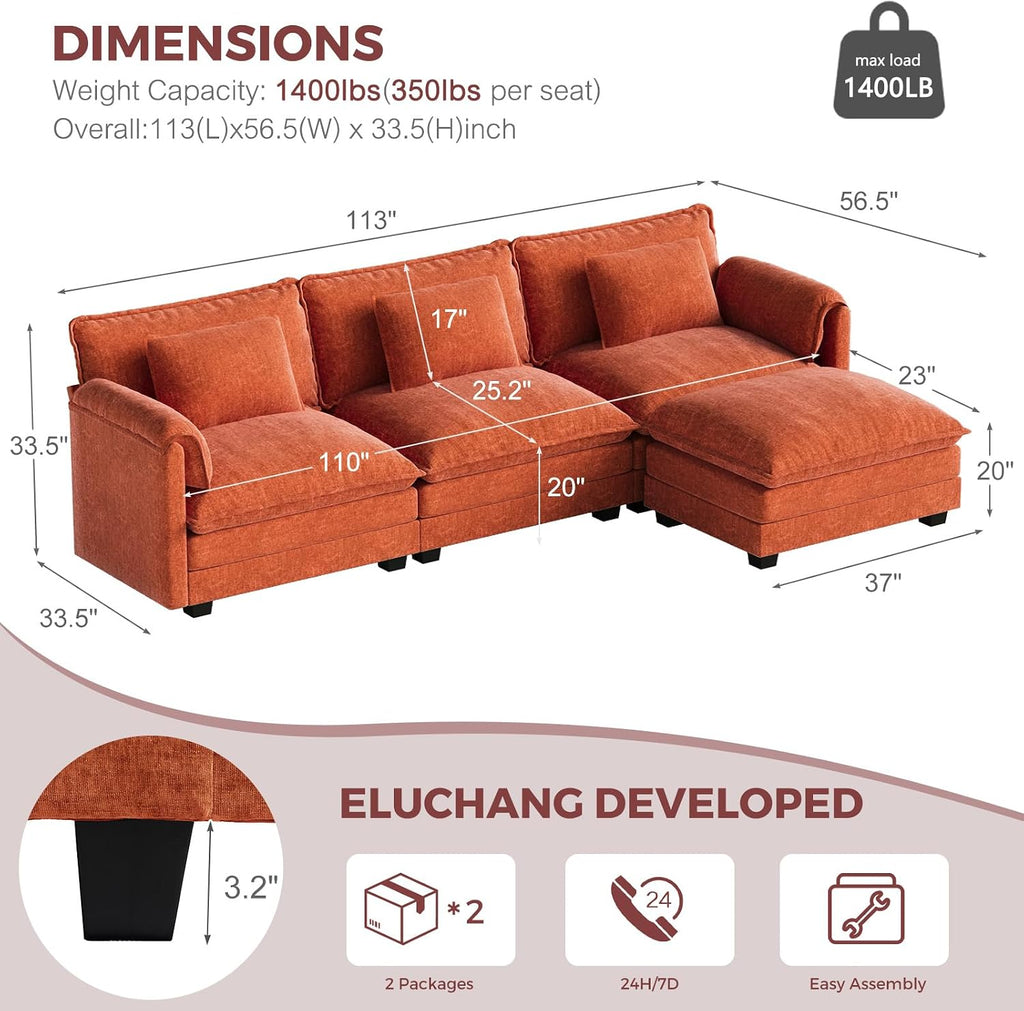 ELUCHANG Oversized 113' Modular Sectional Sofa, Comfy Cloud Couch, L Shaped Deep Seat Sofa Couches for Living Room, 4-Seater Modern Sofa with Movable Ottoman, DIY Combination - Chenille Terracotta