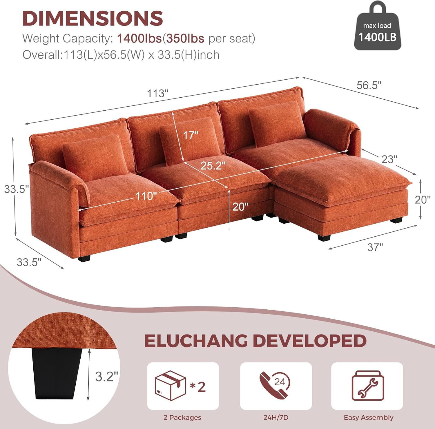 ELUCHANG Oversized 113' Modular Sectional Sofa, Comfy Cloud Couch, L Shaped Deep Seat Sofa Couches for Living Room, 4-Seater Modern Sofa with Movable Ottoman, DIY Combination - Chenille Terracotta