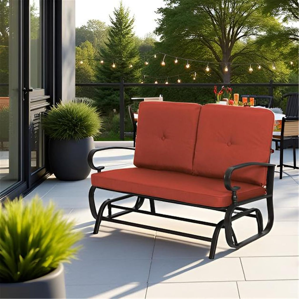 SUNCROWN Outdoor Swing Glider Chair, Patio 2 Seats Loveseat Rocking Chair with Cushions, Steel Frame Furniture-Red