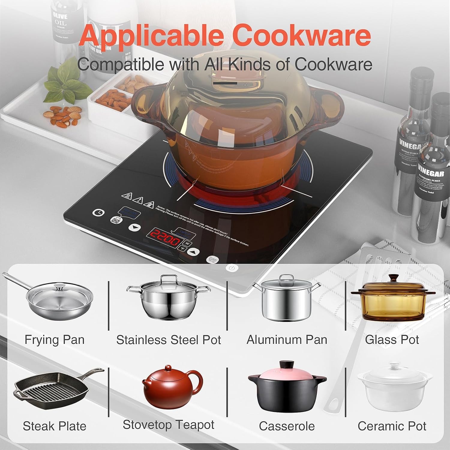 2200w Ceramic Hob, 9 Power Levels Electric Cooktop, Portable Induction Cooktop, Hot Plate With Slide And Touch Control, 8 Preset Cooking Modes, 4-hours Timer, Safety Lock And Overheat Protection