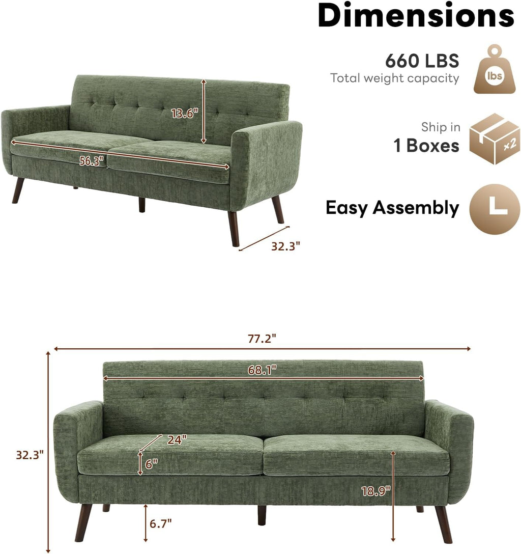 Tbfit 77.2' W Linen Sofa Couch, Mid Century Modern Decor Loveseat Couches for Living Room, Button Tufted Upholstered Small Couch for Bedroom, Solid, and Easy to Install Love Seats Furniture, Green