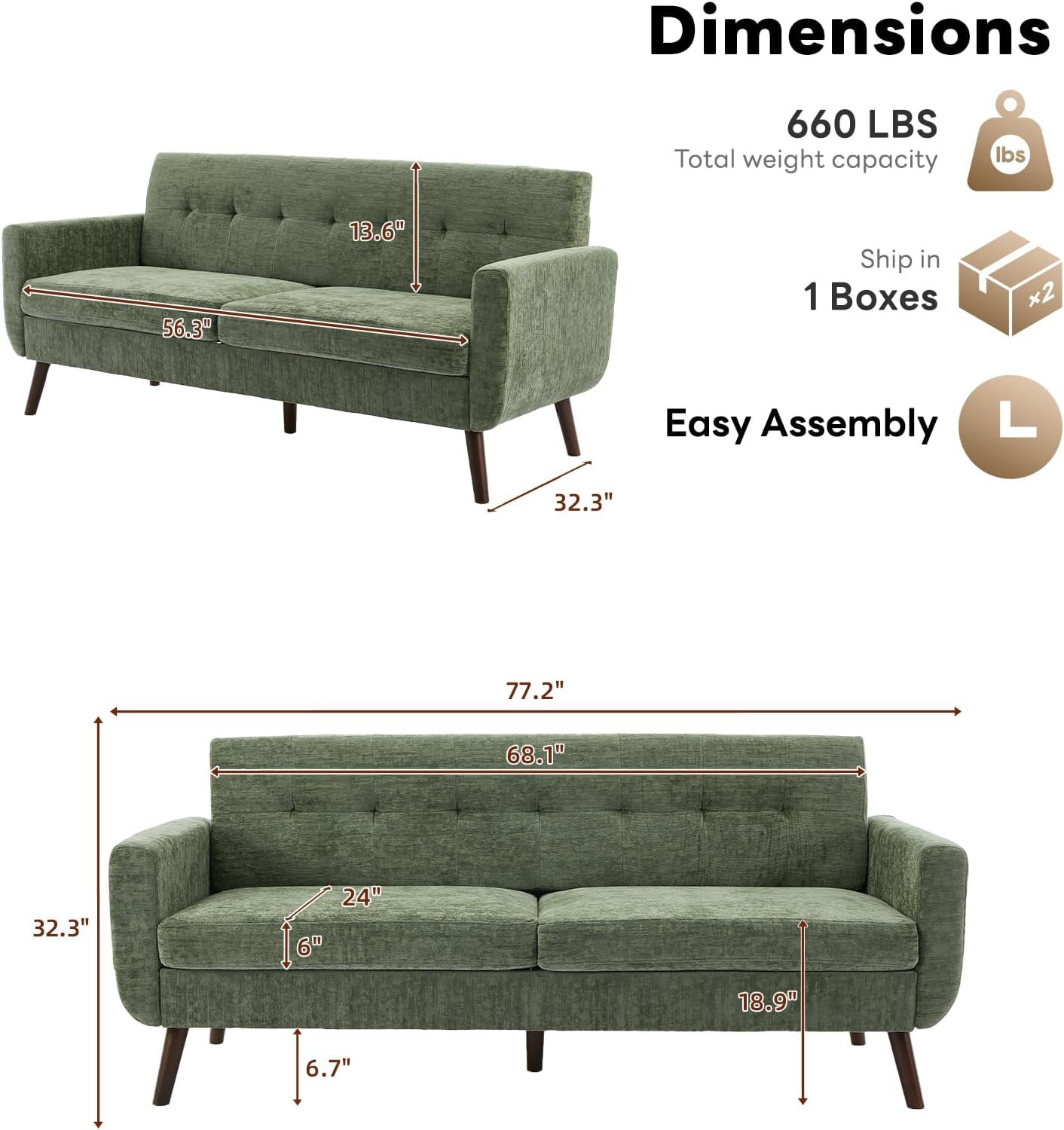 Tbfit 77.2' W Linen Sofa Couch, Mid Century Modern Decor Loveseat Couches for Living Room, Button Tufted Upholstered Small Couch for Bedroom, Solid, and Easy to Install Love Seats Furniture, Green
