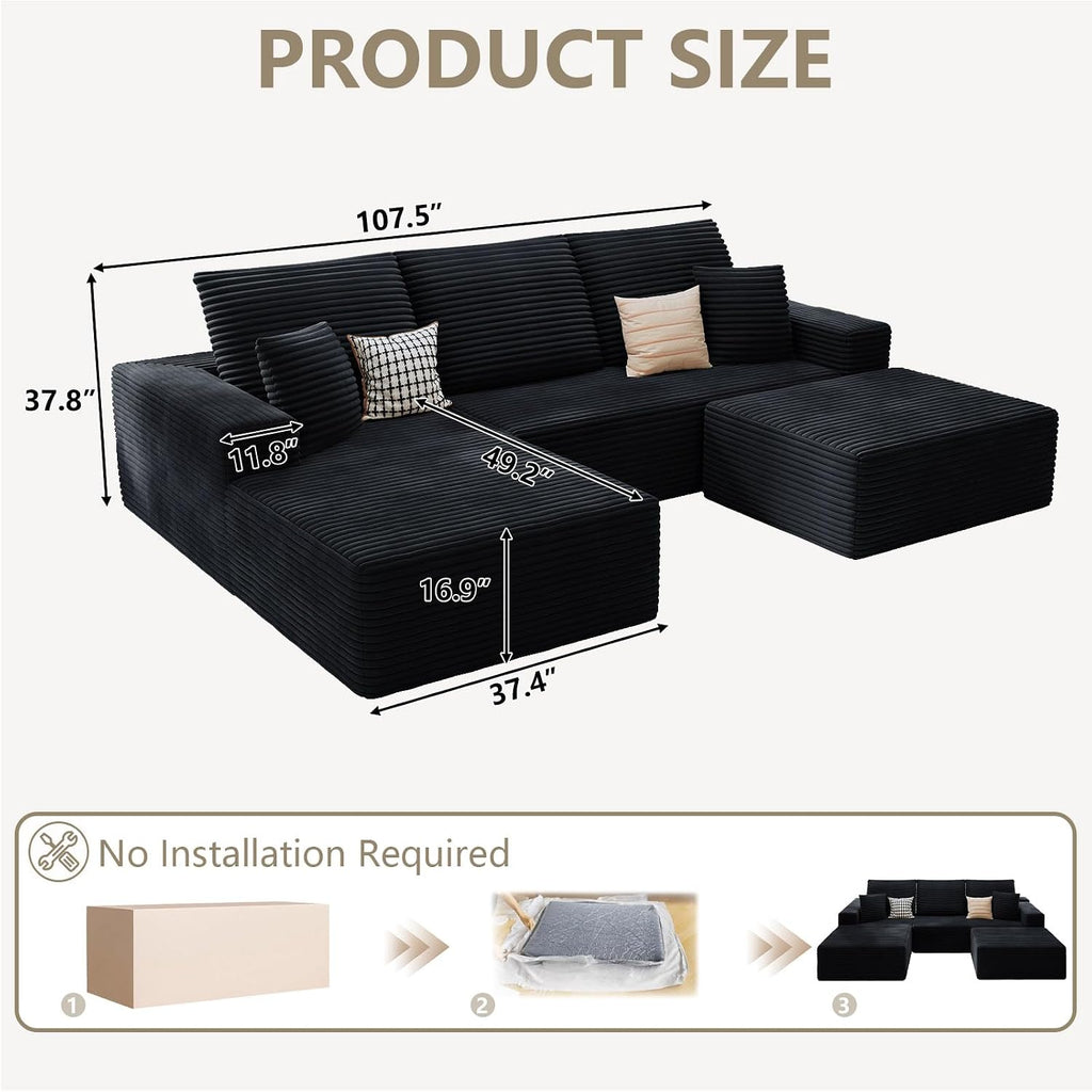 107' Cloud Sectional Couch with U-Shaped Chaise, Corduroy Sectional Sofa with Ottoman, Boneless Couch with Deep Seat in a Box for Living Room, No Assembly Required (Black, Left Facing Chaise)