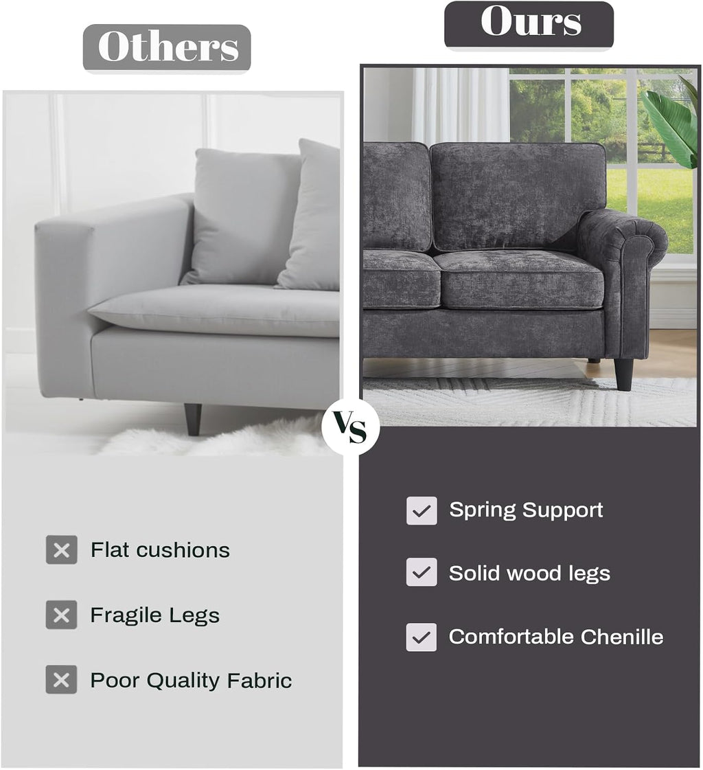 Kingfun 3 Seater Couch, Mid Century Modern Sofa Set with Rolled Arms and Deep Seats, Fluffy Comfort for Living Room, Apartment, Easy Assembly, Gray