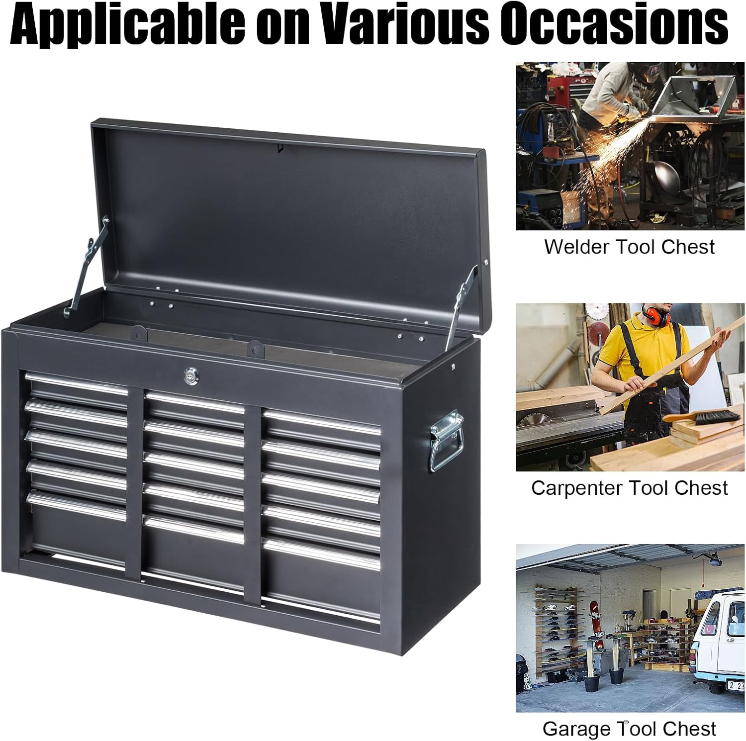Winado 24' Portable Metal Tool Box, 5 Drawers Toolbox with Top Storage Tray, Carry Handle, Ball Bearing Runners, Lockable Tool Chest Cabinet for Garage, Warehouse, Repair Shop & Home, Black