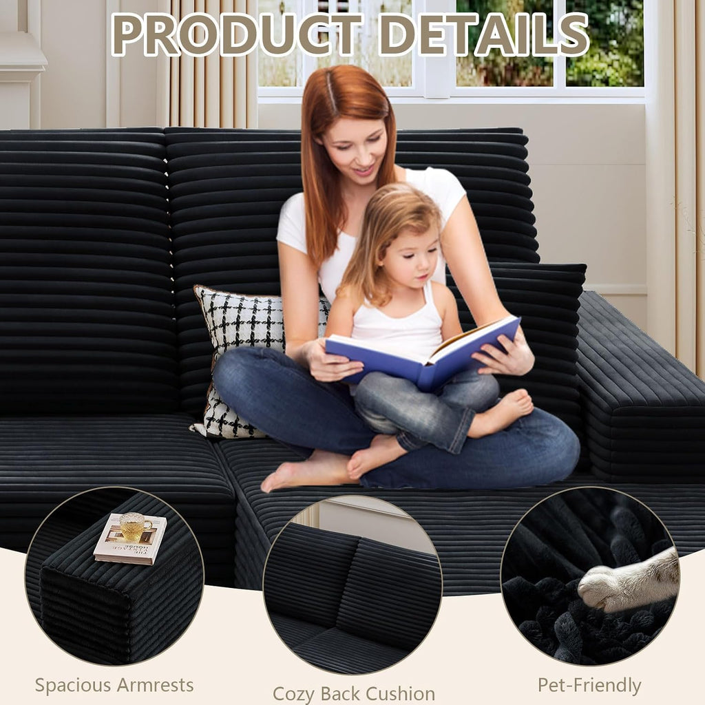 166.9' Cloud Sectional Couch with U-Shaped Chaise, Corduroy Sectional Sofa with Ottoman, Boneless Couch with Deep Seat in a Box for Living Room, No Assembly Required (Black, Right Facing Chaise)