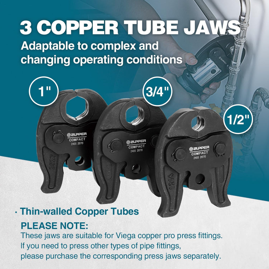 ZUPPER Press Tool, 18V Electric Pipe Crimping Tool for 1/2', 3/4', 1' Copper Pipes, Compact Press Tool Kit Suitable for Copper ProPress fittings - with 3 VUS Press Jaws, 2pcs Battery