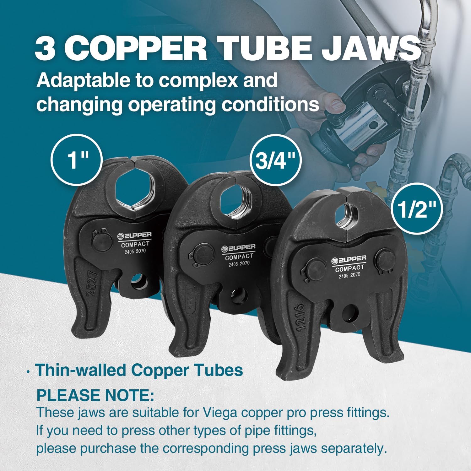 ZUPPER Press Tool, 18V Electric Pipe Crimping Tool for 1/2', 3/4', 1' Copper Pipes, Compact Press Tool Kit Suitable for Copper ProPress fittings - with 3 VUS Press Jaws, 2pcs Battery