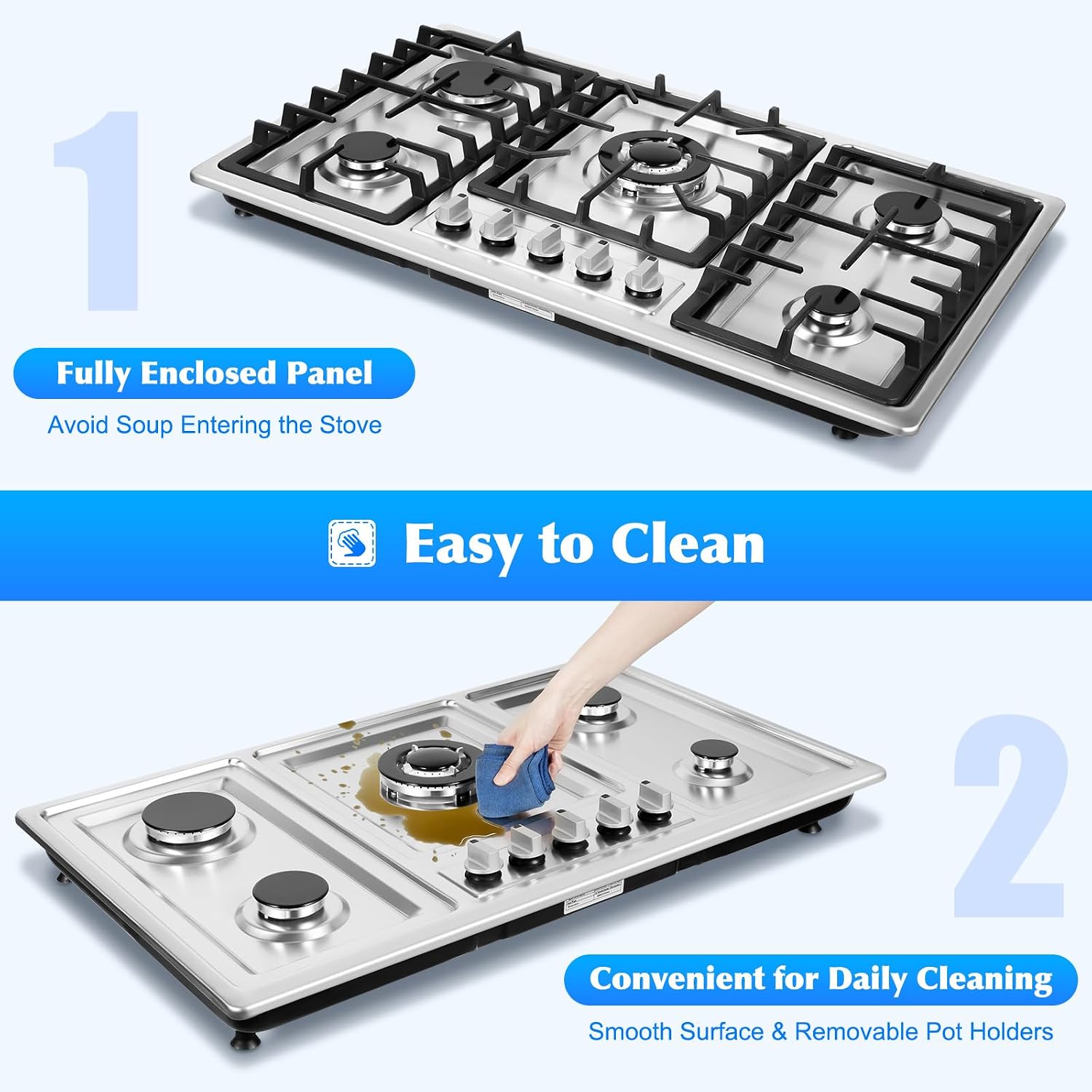 2 Burner Natural Gas Cooktop, Cooktop Stove Top, Tempered Glass Burners Stove with Anti-Temper Protection for Apartment, Indoor (Not Included Gas Pipe) (4)