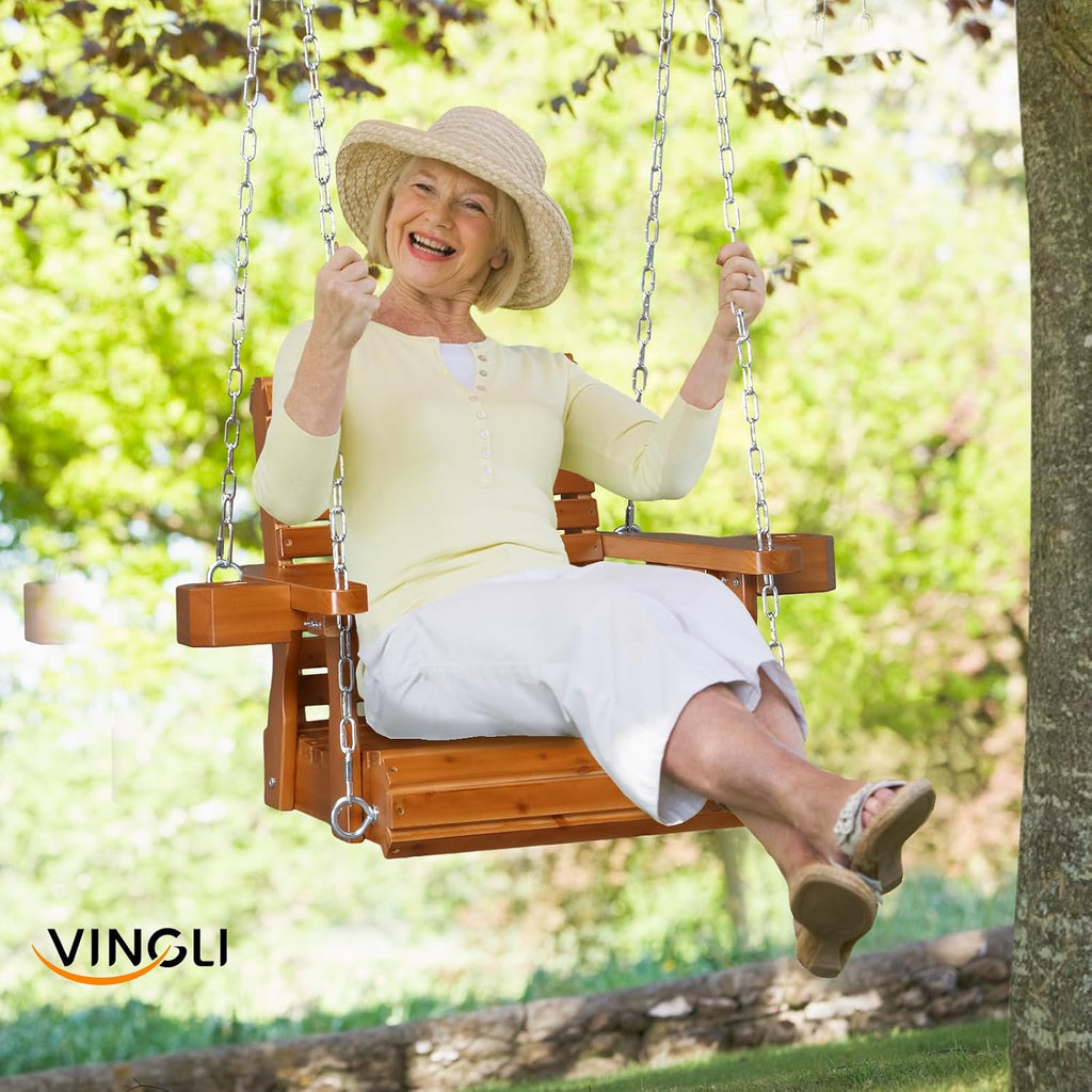 VINGLI Heavy Duty 440 LBS 1-Person Wooden Patio Porch Swing with Deeper Seat & Higher Backrest & Extra Cup Holder for Adults & Kids, Outdoor Single Porch Swing for Porch, Yard, Balcony, Tree (Brown)