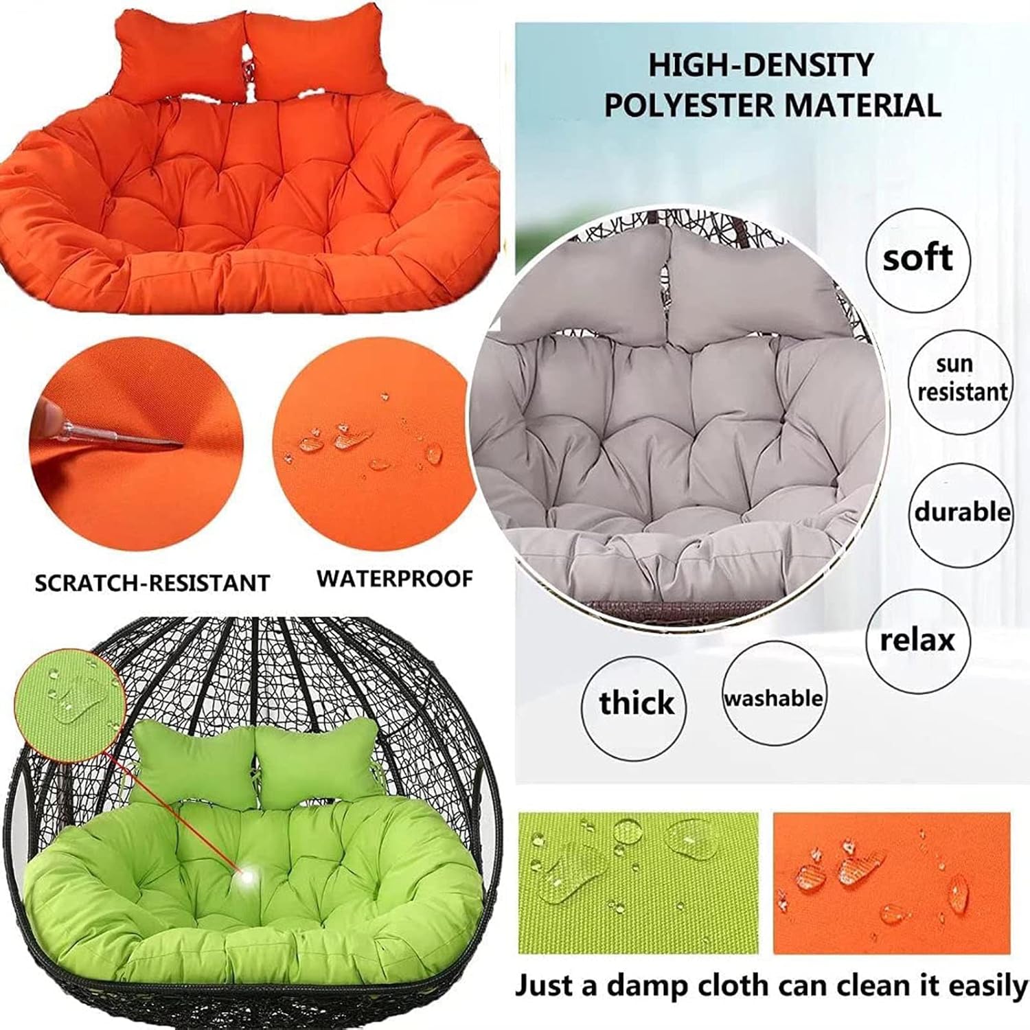 Replacement Double Egg Chair Cushion Outdoor Patio Wicker Loveseat Hanging Swing Egg Chairs for 2 Persons, Ideal for Patio, Backyard, Balcony - Hammock Swing Chair Cushion