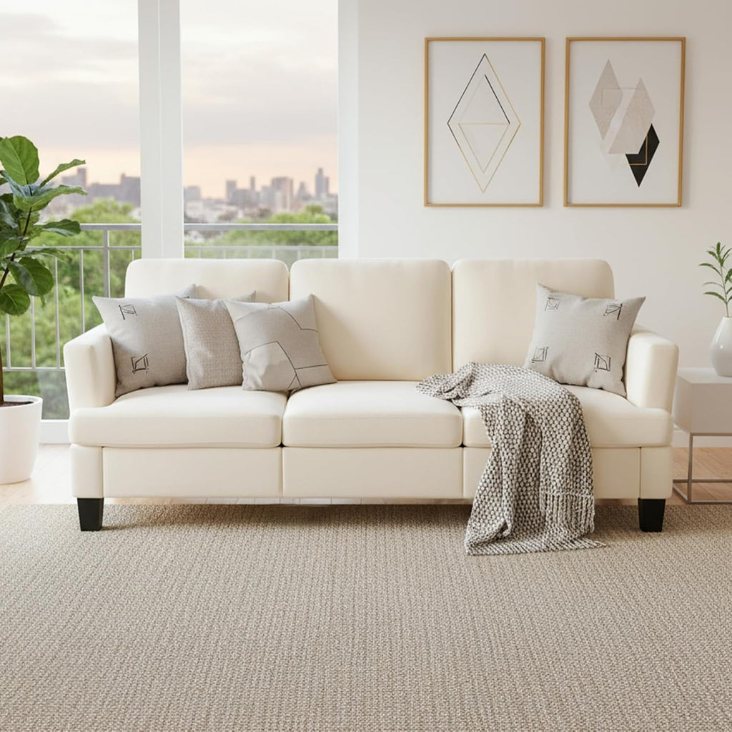 3 Seater Couch, 84' Comfy Linen Fabric Sofa with Deep Seat for Living Room, Modern Beige Sofa Couches for Bedroom, Apartment and Office (No Pillow)