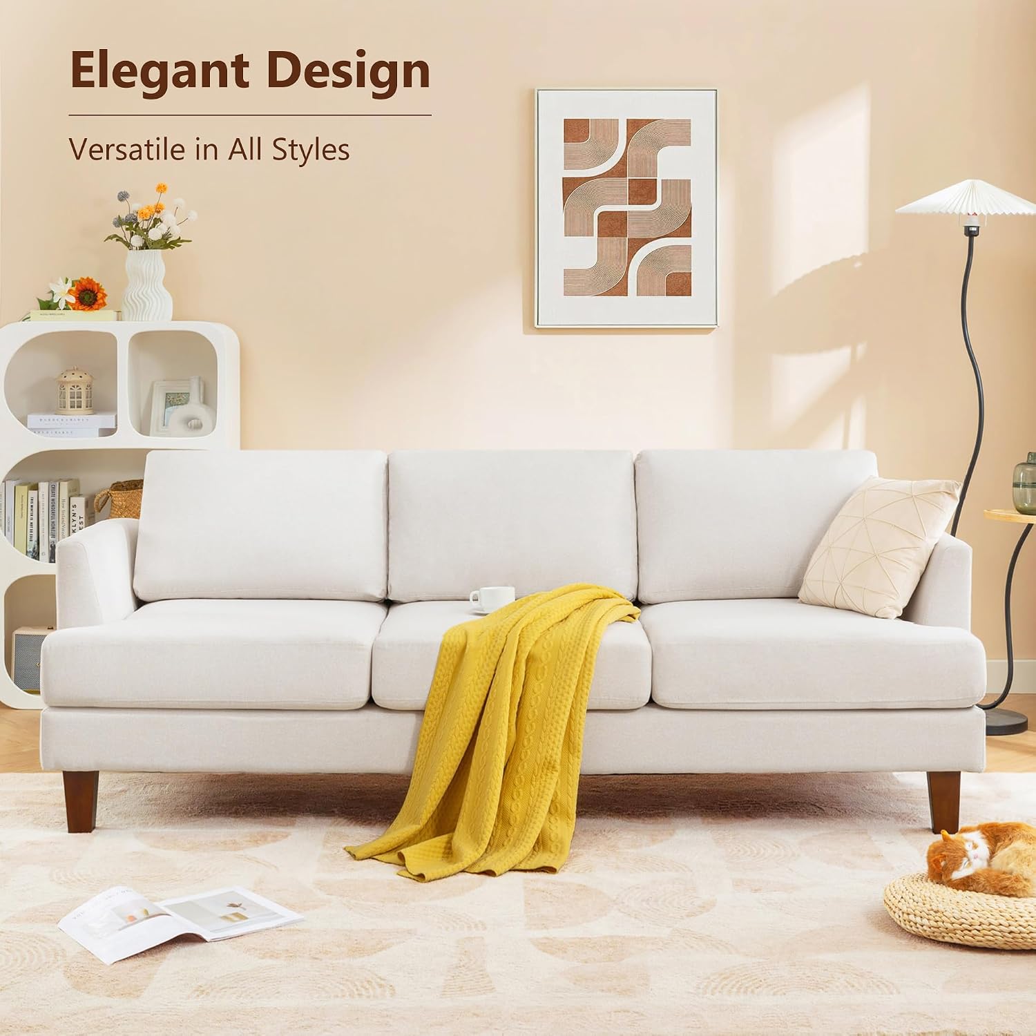 Busaurus 3 Seater Sofa Couch with Deep Seats, 89' Mid Century Modern Upholstered Sofa with Armrests, Comfy Couches for Living Room, Bedroom, Apartment and Office (Beige)