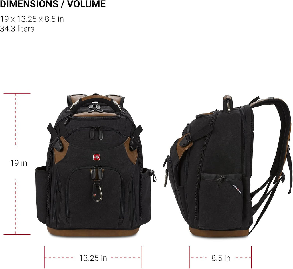 SwissGear Tool Bag Backpack, Fits Up to 17-Inch Laptop, Work Pack PRO, Black/Brown Canvas