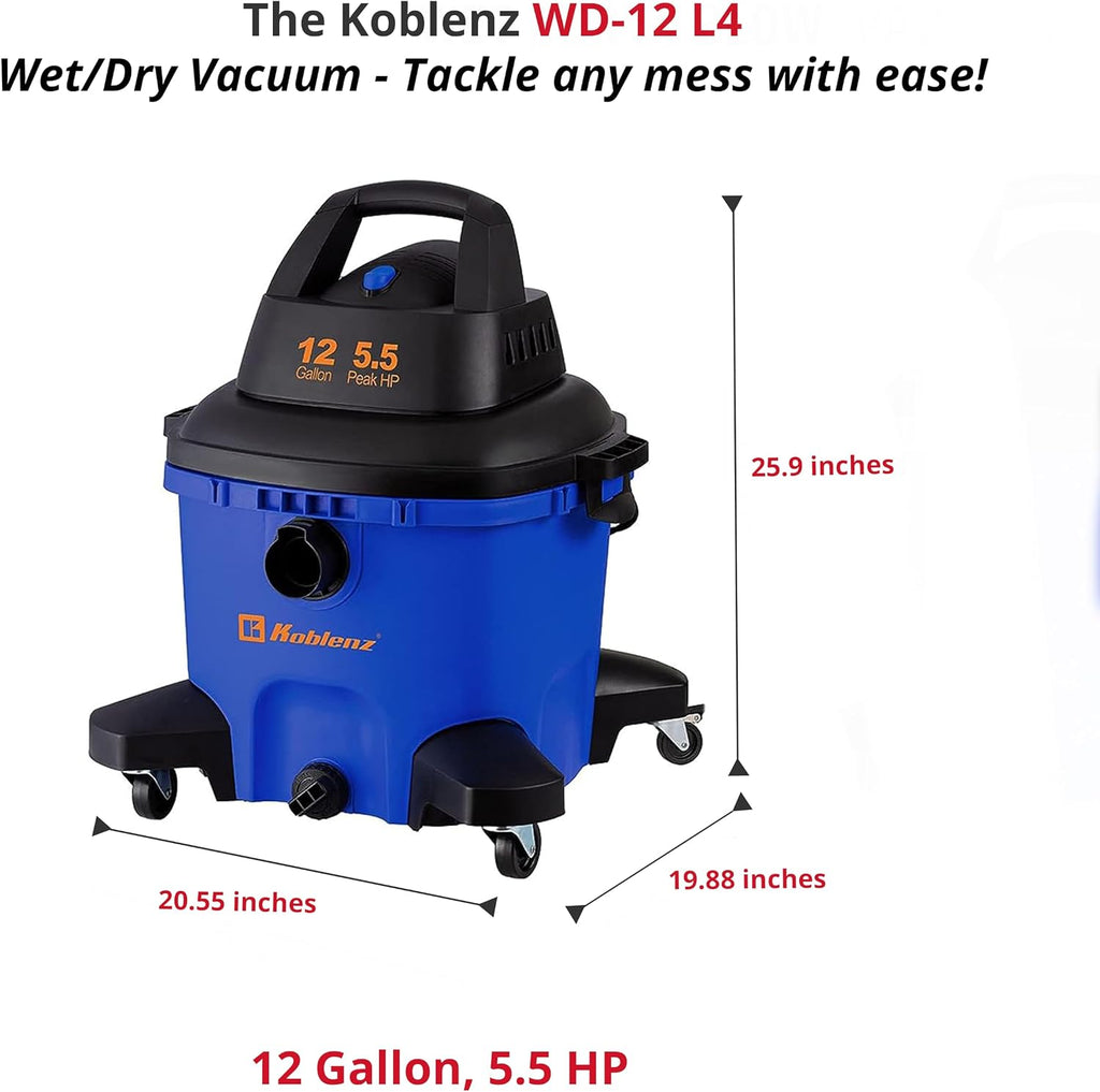 Koblenz WD-12 L4 Wet Dry Vacuum Cleaner, 12 Gallon 5.5 PHP, 3-in-1 Suction & Blower, 32 ft Reach, Drain Plug, Large Vacuum Cleaner for Car, Shop Vacuum Wet and Dry, Click-N-Lock Hose, Blue/Black
