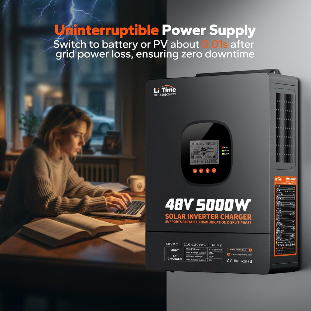 LiTime 5000W Pure Sine Wave Inverter, 48V DC to 120V AC Solar Hybrid Inverter Charger, Parallel Split-Phase for 240V, Built in 100A MPPT Solar Charger Controller for Home Backup, Off-Grid, Farm