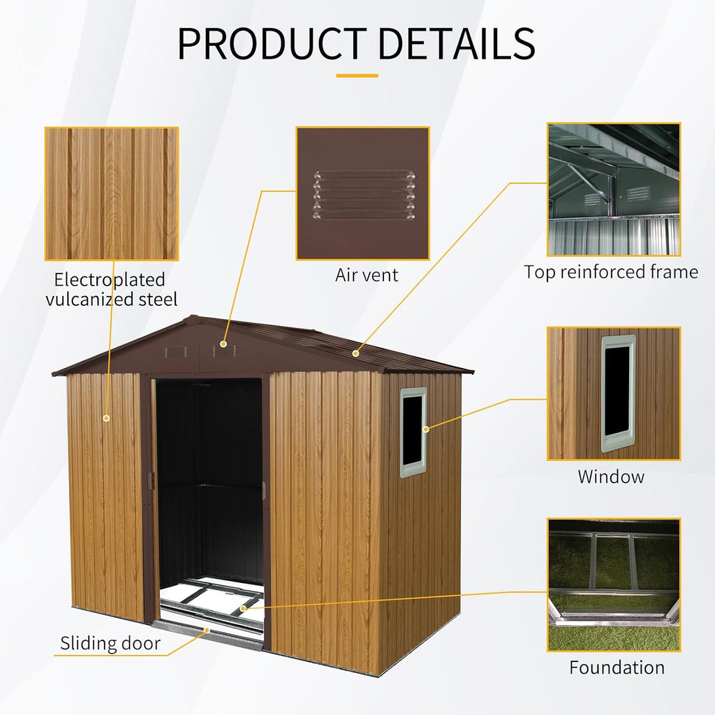 8 X 4 FT Outdoor Storage Shed Large Metal Utility Tool Sheds with Floor Frame and Window Vertical Outside Storage Building with Sliding Door for Backyard Garden Patio Lawn, Coffee