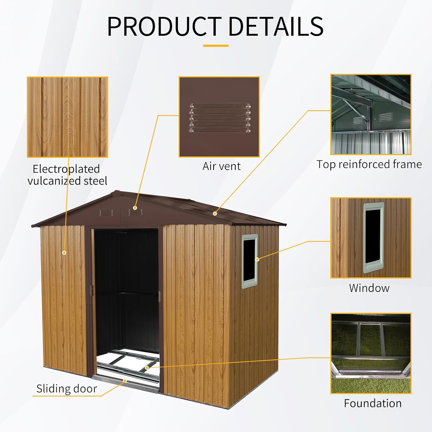 8 X 4 FT Outdoor Storage Shed Large Metal Utility Tool Sheds with Floor Frame and Window Vertical Outside Storage Building with Sliding Door for Backyard Garden Patio Lawn, Coffee