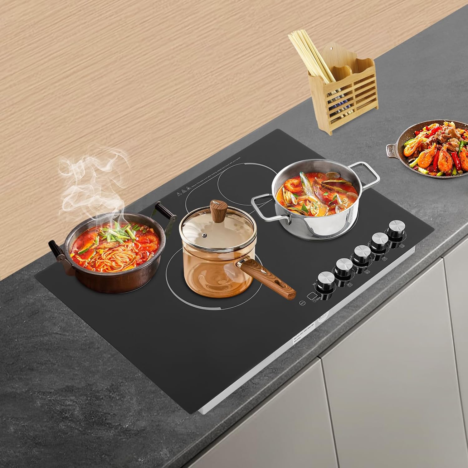 Electric Stovetop, 4 Burners Electric Cooktop Induction Cooker Ceramic Stove with 5 Temperature and 4 Power Level, Sensor Touch Control, Child Safety Lock & Timer