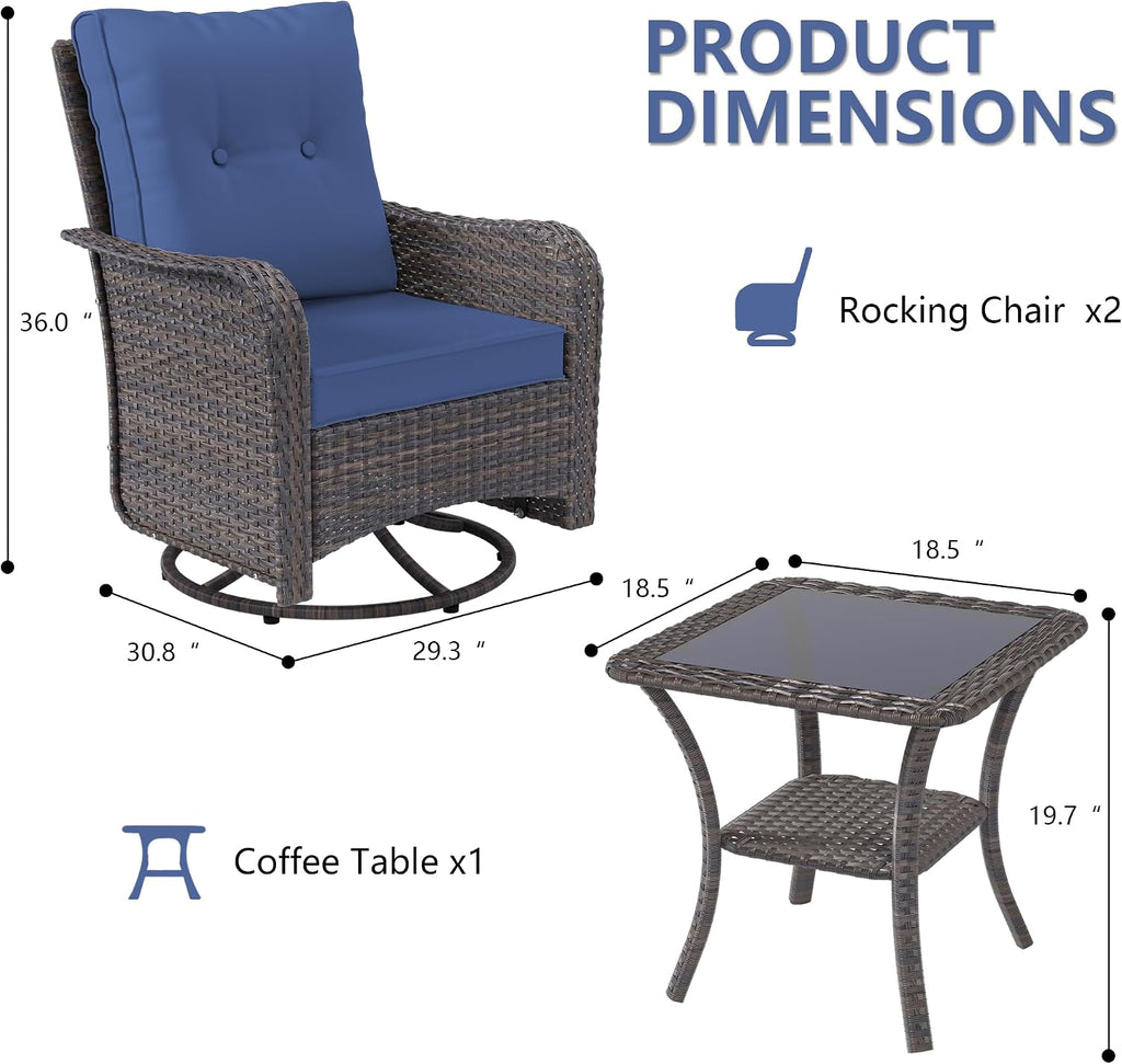 ALAULM Outdoor Swivel Rocking Chairs Set of 2 with 4'Thick Cushions and High Back, Wicker Patio Chairs w/Side Table for Patio, Porch, Poolside, Deck, Backyard, Garden-Dark Blue