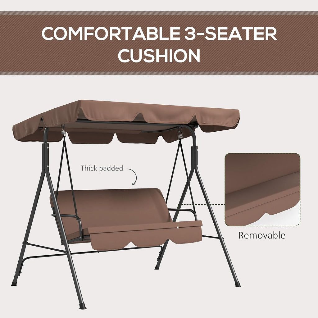 Outsunny 3-Seat Outdoor Patio Swing Chair with Removable Cushion, Steel Frame Stand and Adjustable Tilt Canopy for Patio, Garden, Poolside, Balcony, Backyard, Brown