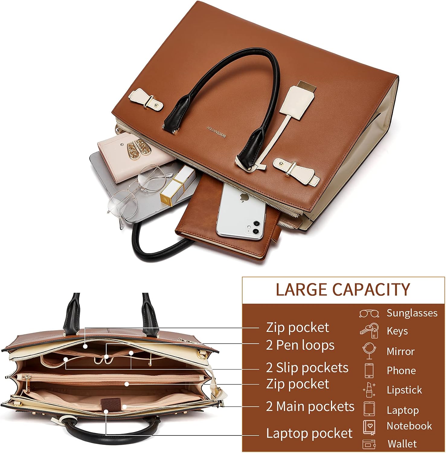 BOSTANTEN Briefcase for Women 15.6 Inch Genuine Leather Laptop Briefcase Shoulder Work Tote Bag Purse