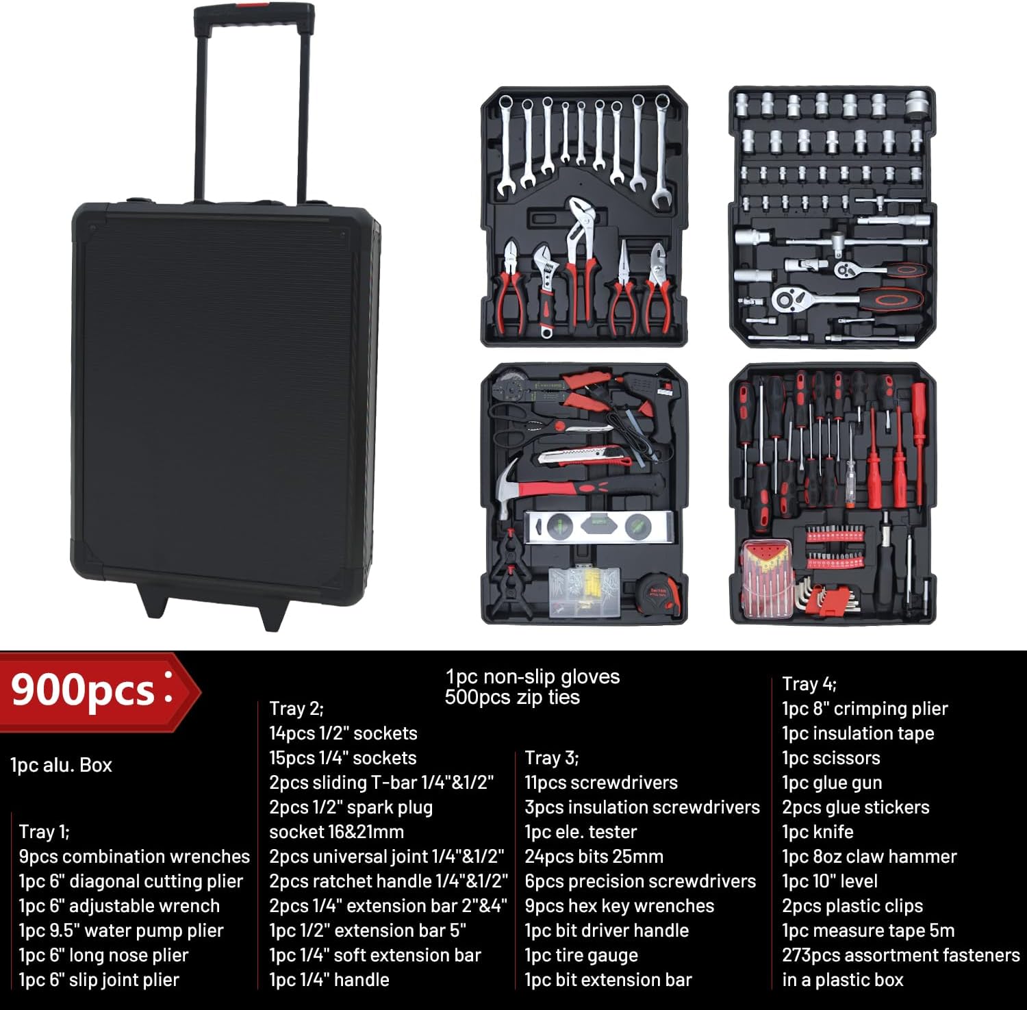 Hantinstom 900PCS Complete Home Tool Set Versatile Rolling Tool Kit for Professional Repair and Maintenance - Heavy and Duty Portable Tool Box with Wheels