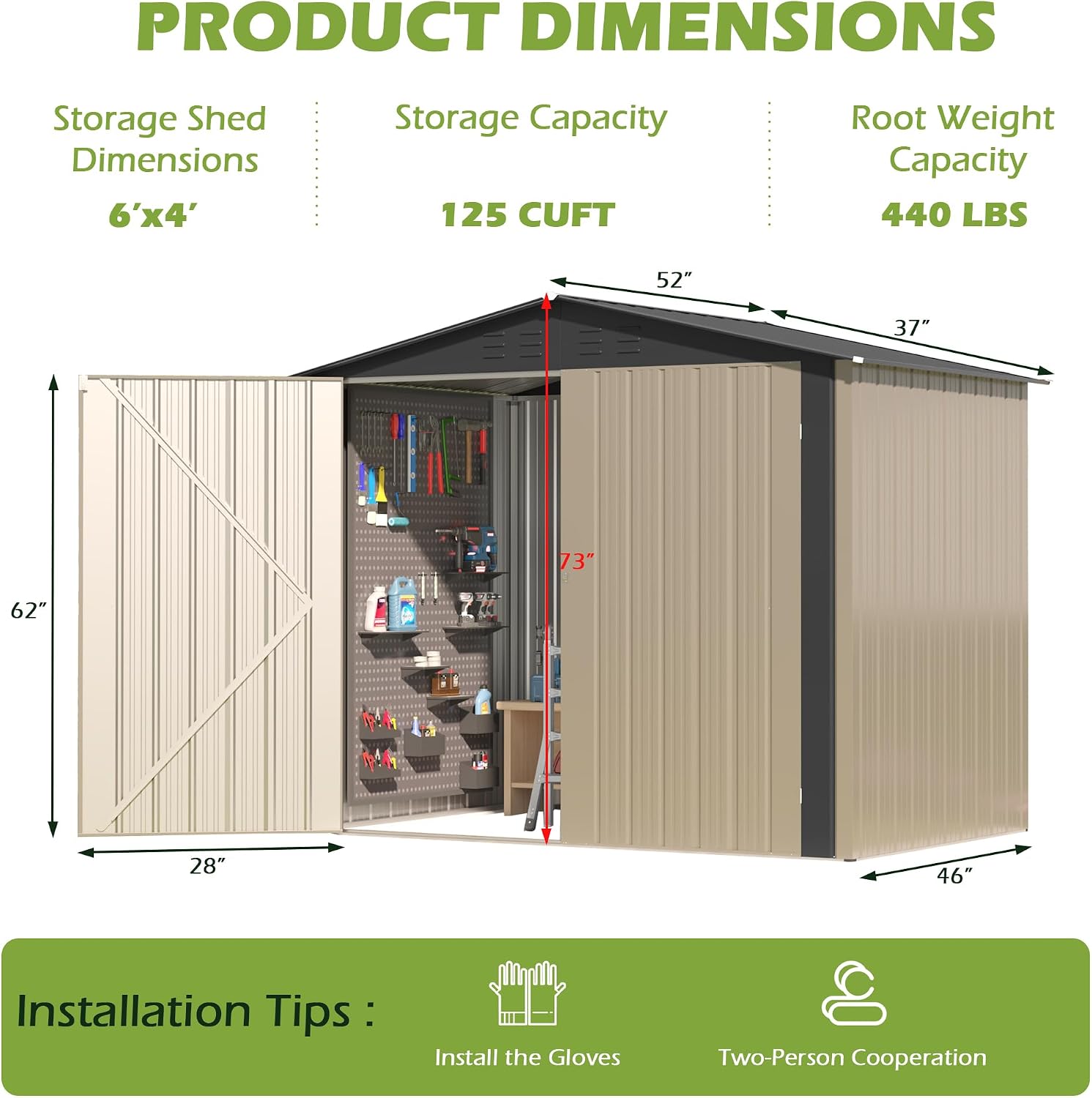 6x4 FT Outdoor Storage Shed, Metal Shed with Air Vents & Lockable Doors, Waterproof Galvanized Steel Shed for Garden, Backyard—Tool & Bicycle Storage(Brown)