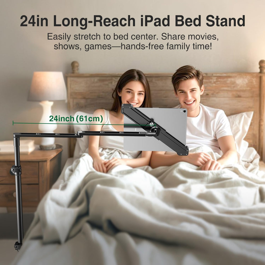 elitehood Diagonal Design iPad Floor Stand with Heavy Duty Base, 24in Horizontal Long Arm Tablet Floor Stand Holder for Bed Recliner Sofa, Compatible with iPad mini Air Pro 13/12.9 and 9-14in Devices
