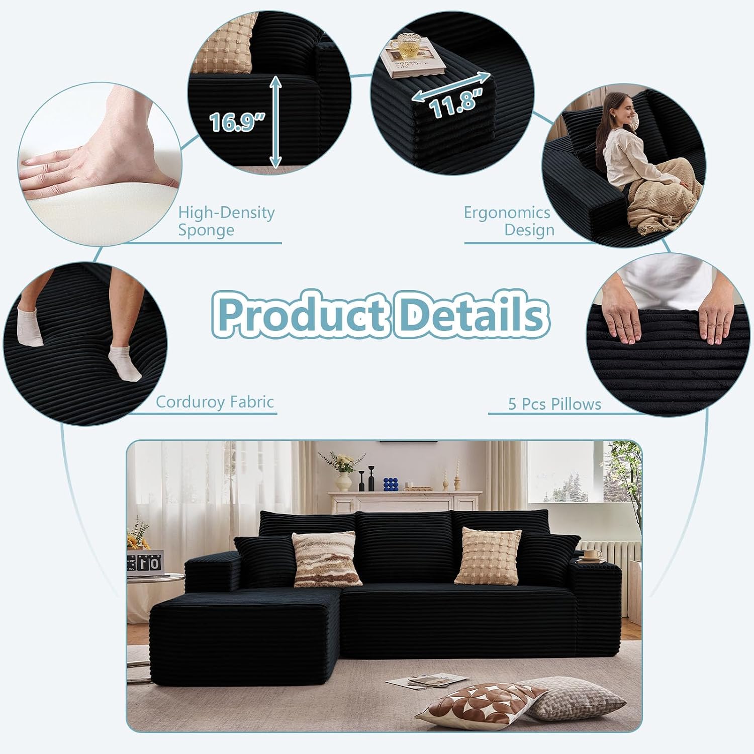 107' W Cloud Sectional Couch with L-Shape Chaise, Modern Corduroy Boneless Couch for Living Room,Memory Foam Sofa with Deep Seat,No Assembly Required (Black,Left-Facing Chaise)