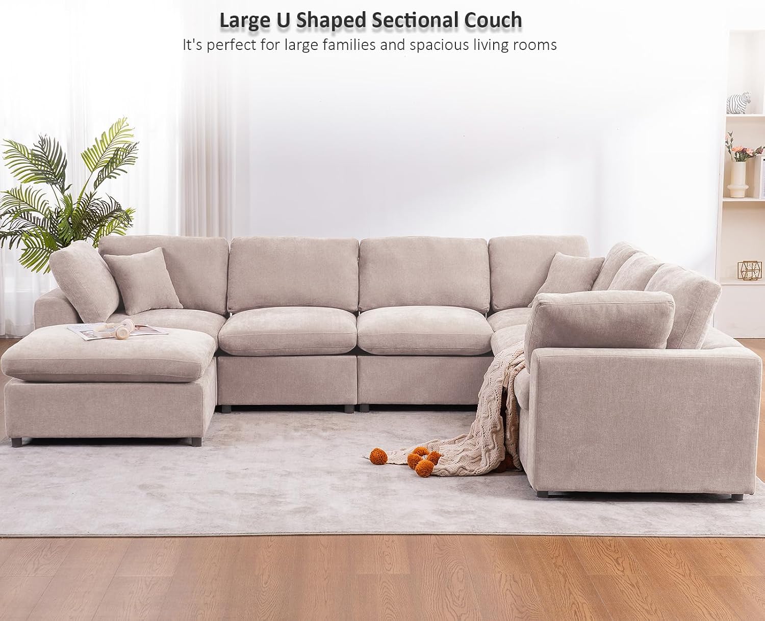 Oversized Modular Sectional Sofa Couch, Large 7 Seater Corner Sofa Modern U Shaped Sectional Couch with Ottoman Cloud Couches for Living Room, Office, Spacious Space, Beige - Chenille