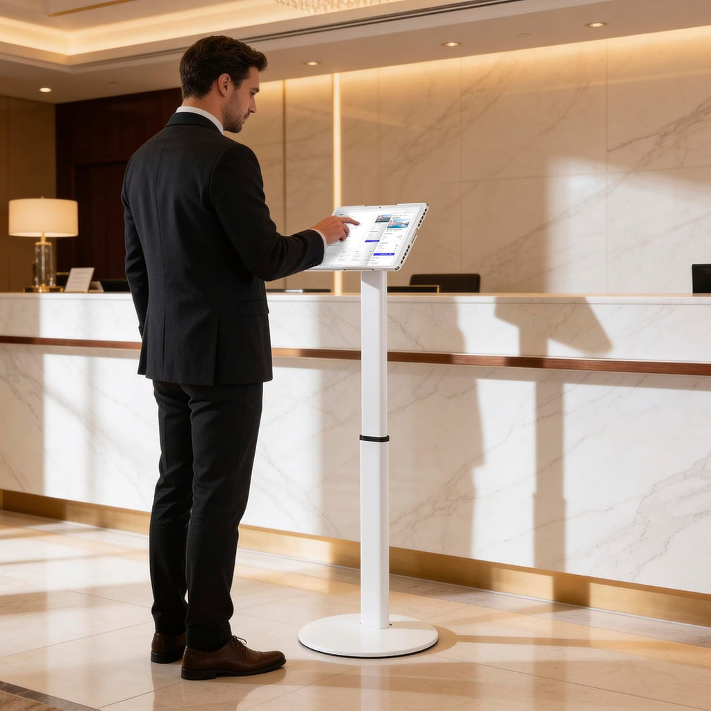 Mount-It! Anti-Theft Universal Tablet Floor Stand Kiosk, Locking Enclosure for iPad, Galaxy Tab & Surface Pro 9.7'–13.1', Height Adjustable 27.5'–47', Commercial Kiosk Stand, White