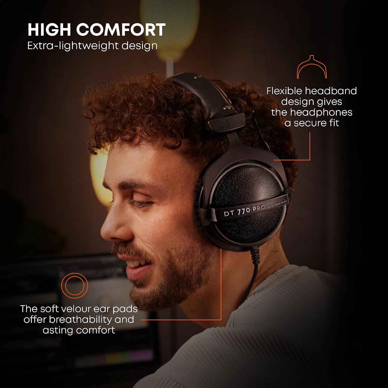 beyerdynamic DT 770 PRO, Wired Headphones, 3m Coiled Cable, Black with Gray Ear Pads