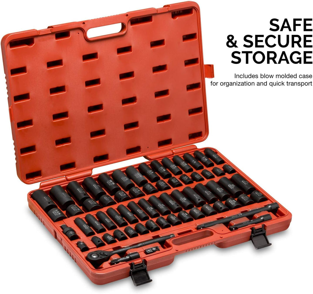 NEIKO 02448A 1/2' Drive Master Impact Socket Set, 65 Piece, Standard SAE (3/8'-1-1/4') & Metric (10-24 mm) Sizes, Deep & Shallow Kit, Includes Adapters & Ratchet Handle