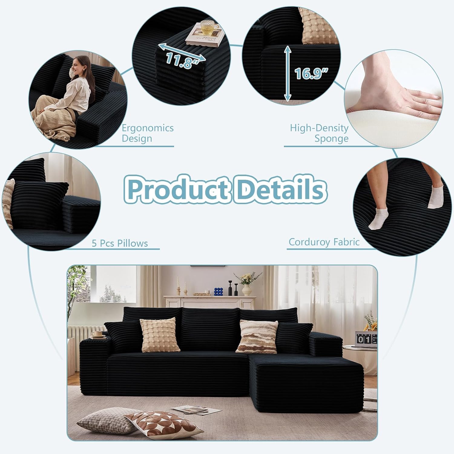 107' W Cloud Sectional Couch with L-Shape Chaise, Modern Corduroy Boneless Couch for Living Room,Memory Foam Sofa with Deep Seat,No Assembly Required (Black,Right-Facing Chaise)