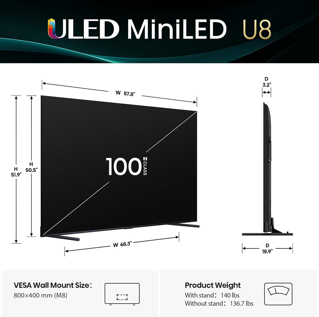 Hisense 100' U8 Mini-LED ULED 4K UHD Google Smart TV (100U8QG, 2025 Model) - QLED, Native 165Hz, VRR 288, Up to 5000 Nits, HDR10+, Dolby Vision IQ · Atmos, IMAX Enhanced, 4.1.2 Ch Surround (Renewed)