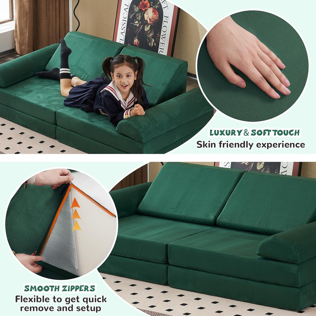 jela Kids Couch Safety Certified Play Couch Soft Kids Sofa with Machine Washable Cover Thick Foam Fort Building Set for Playroom Indoor (57'x28'x18', Pine Green)